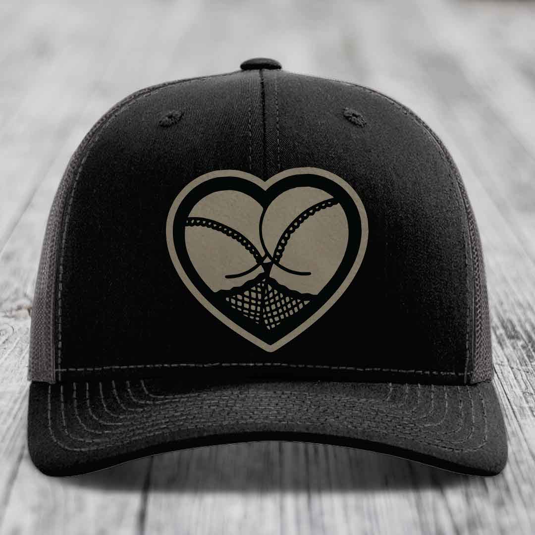 Heart Shaped Ass (Stockings) - Leather Patch Hat - Light Brown to Black Patch - Richardson 112 Snapback Trucker Hat