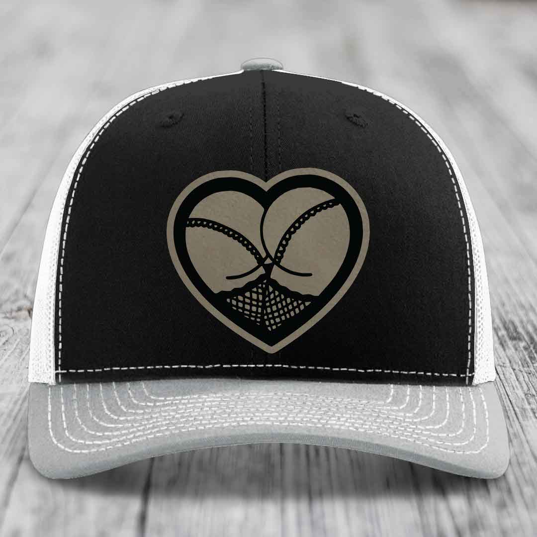 Heart Shaped Ass (Stockings) - Leather Patch Hat - Light Brown to Black Patch - Richardson 112 Snapback Trucker Hat