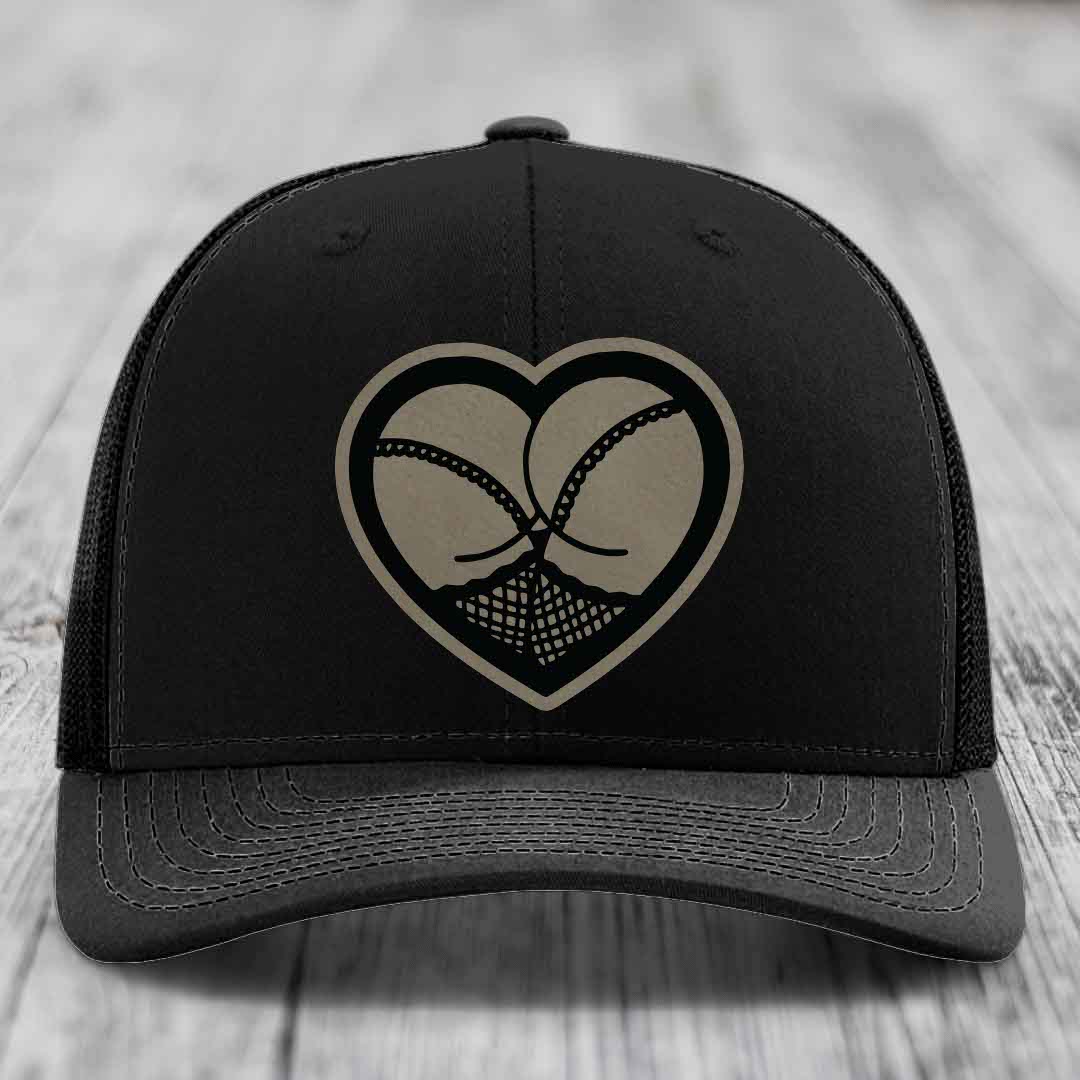 Heart Shaped Ass (Stockings) - Leather Patch Hat - Light Brown to Black Patch - Richardson 112 Snapback Trucker Hat