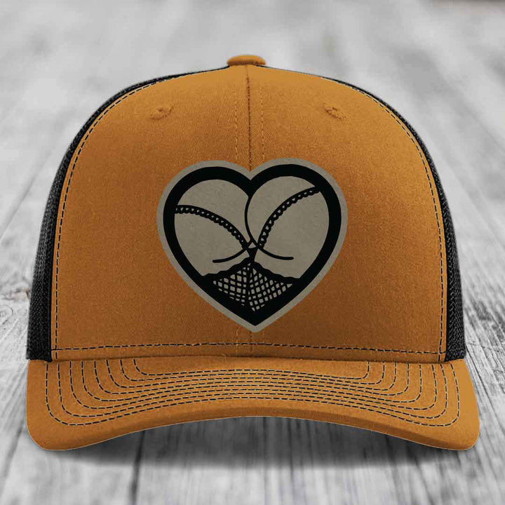 Heart Shaped Ass (Stockings) - Leather Patch Hat - Light Brown to Black Patch - Richardson 112 Snapback Trucker Hat