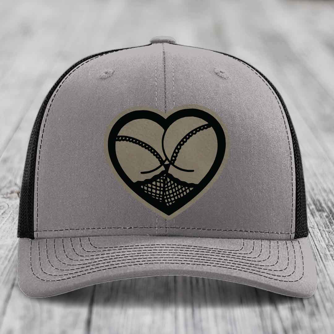 Heart Shaped Ass (Stockings) - Leather Patch Hat - Light Brown to Black Patch - Richardson 112 Snapback Trucker Hat