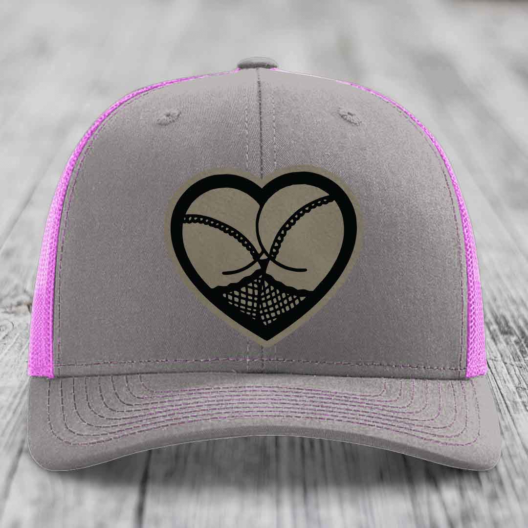 Heart Shaped Ass (Stockings) - Leather Patch Hat - Light Brown to Black Patch - Richardson 112 Snapback Trucker Hat