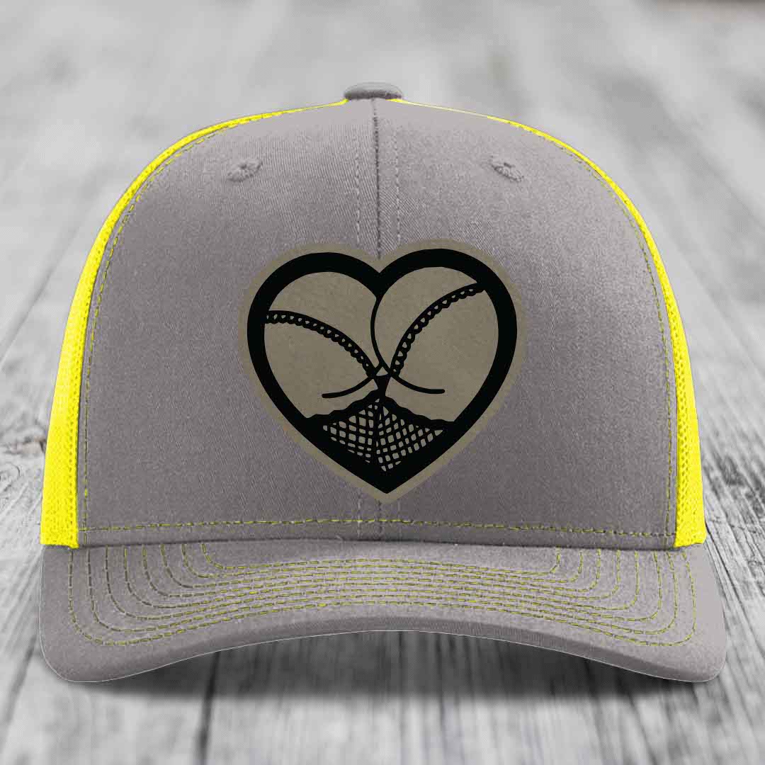 Heart Shaped Ass (Stockings) - Leather Patch Hat - Light Brown to Black Patch - Richardson 112 Snapback Trucker Hat