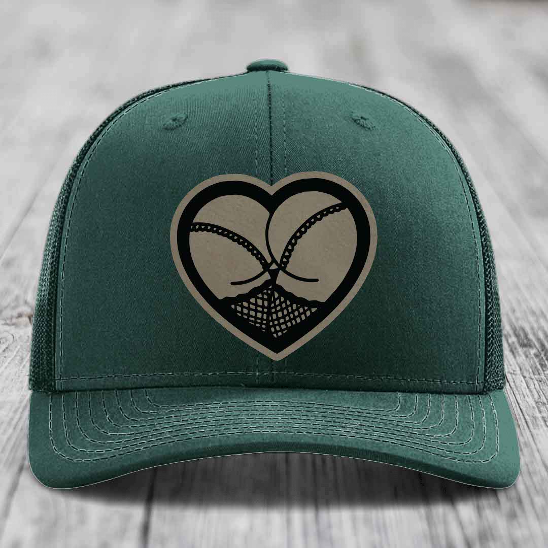 Heart Shaped Ass (Stockings) - Leather Patch Hat - Light Brown to Black Patch - Richardson 112 Snapback Trucker Hat