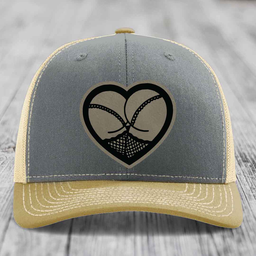 Heart Shaped Ass (Stockings) - Leather Patch Hat - Light Brown to Black Patch - Richardson 112 Snapback Trucker Hat