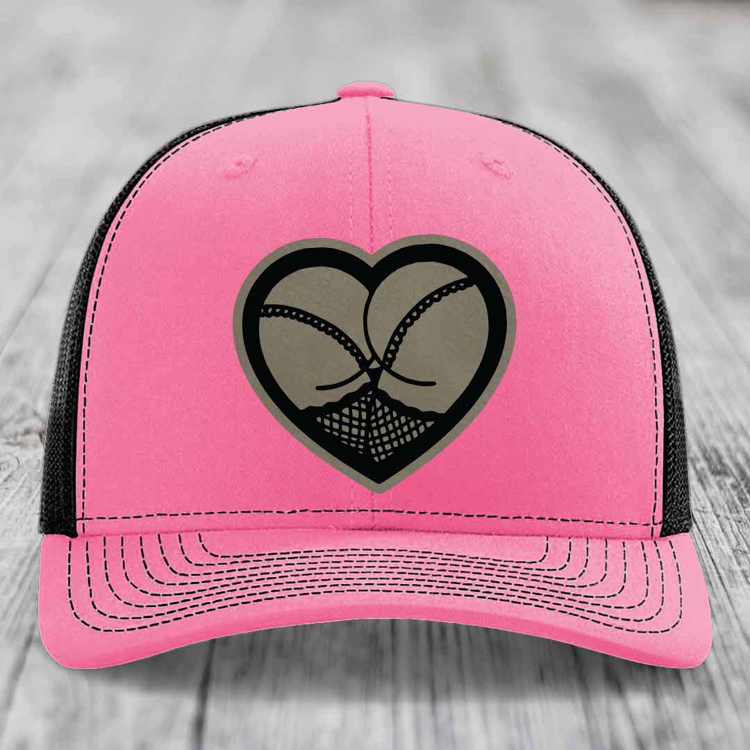 Heart Shaped Ass (Stockings) - Leather Patch Hat - Light Brown to Black Patch - Richardson 112 Snapback Trucker Hat