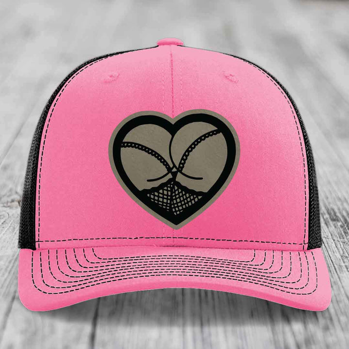 Heart Shaped Ass (Stockings) - Leather Patch Hat - Light Brown to Black Patch - Richardson 112 Snapback Trucker Hat
