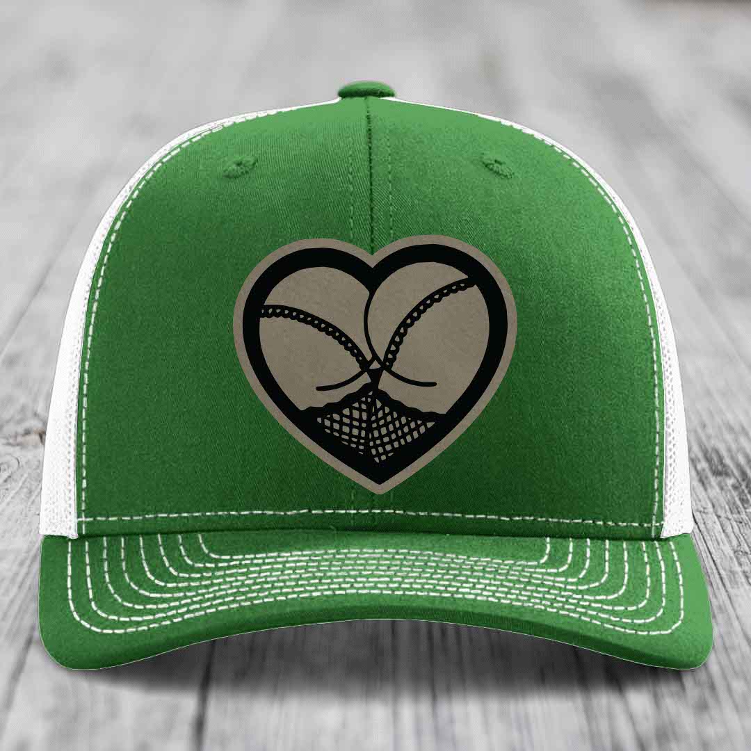 Heart Shaped Ass (Stockings) - Leather Patch Hat - Light Brown to Black Patch - Richardson 112 Snapback Trucker Hat