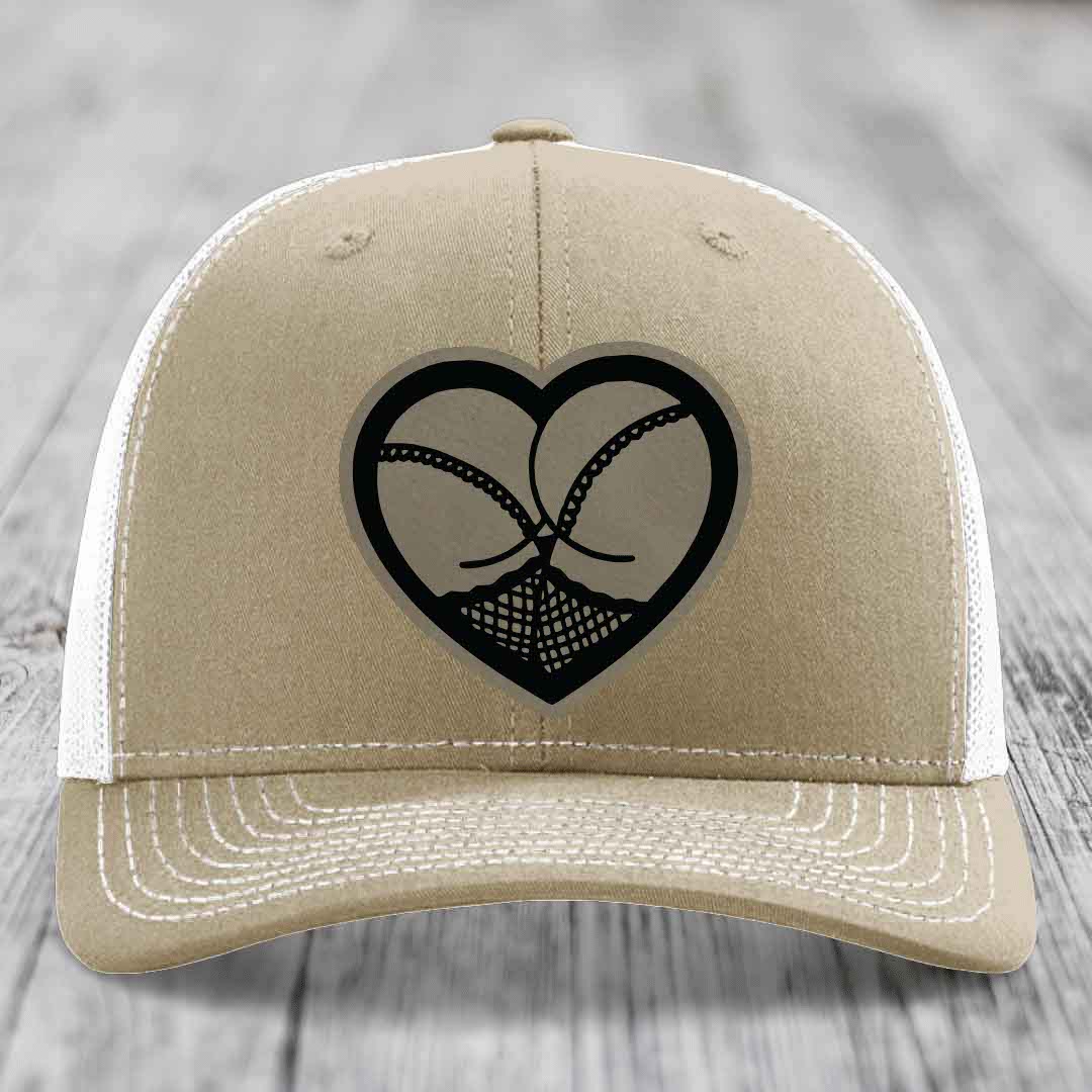Heart Shaped Ass (Stockings) - Leather Patch Hat - Light Brown to Black Patch - Richardson 112 Snapback Trucker Hat