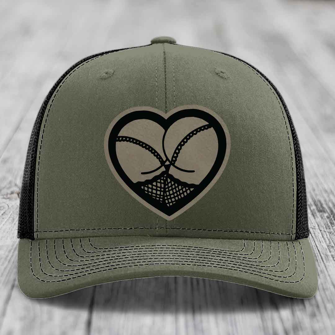 Heart Shaped Ass (Stockings) - Leather Patch Hat - Light Brown to Black Patch - Richardson 112 Snapback Trucker Hat