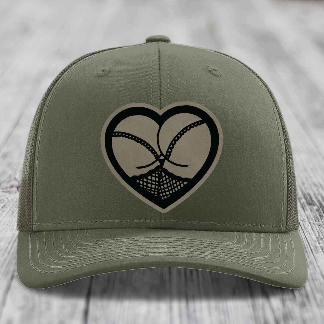 Heart Shaped Ass (Stockings) - Leather Patch Hat - Light Brown to Black Patch - Richardson 112 Snapback Trucker Hat