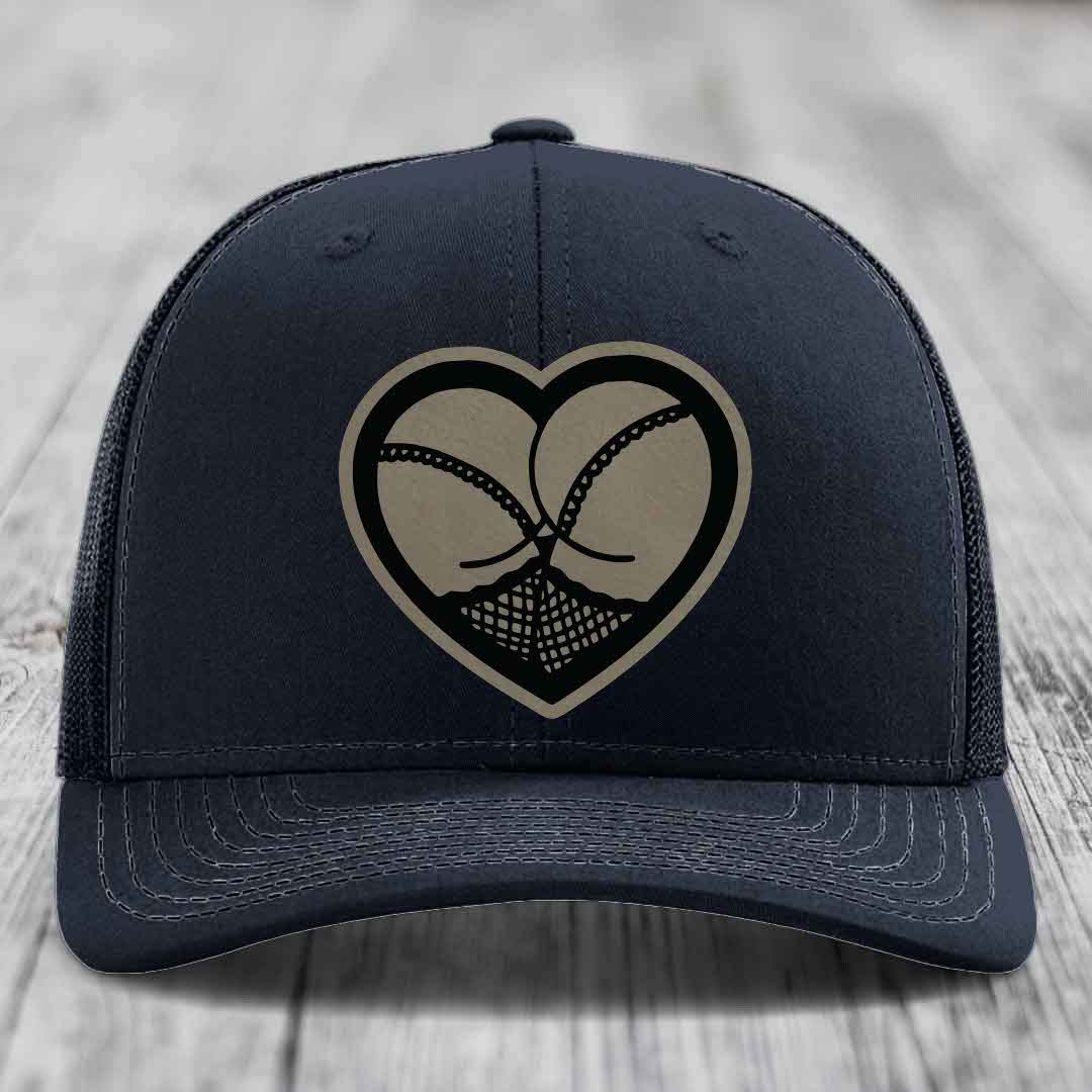 Heart Shaped Ass (Stockings) - Leather Patch Hat - Light Brown to Black Patch - Richardson 112 Snapback Trucker Hat