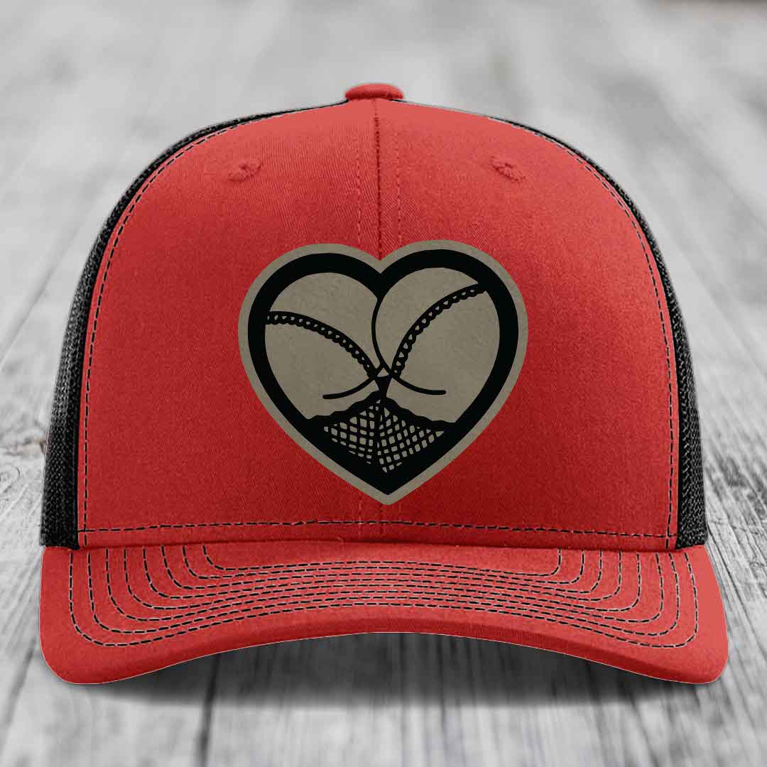 Heart Shaped Ass (Stockings) - Leather Patch Hat - Light Brown to Black Patch - Richardson 112 Snapback Trucker Hat