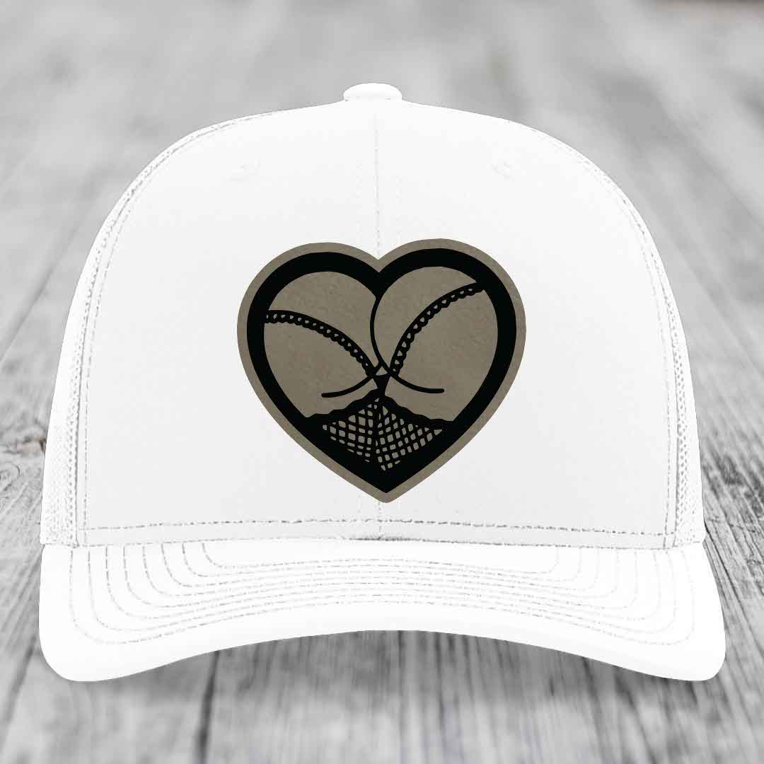 Heart Shaped Ass (Stockings) - Leather Patch Hat - Light Brown to Black Patch - Richardson 112 Snapback Trucker Hat