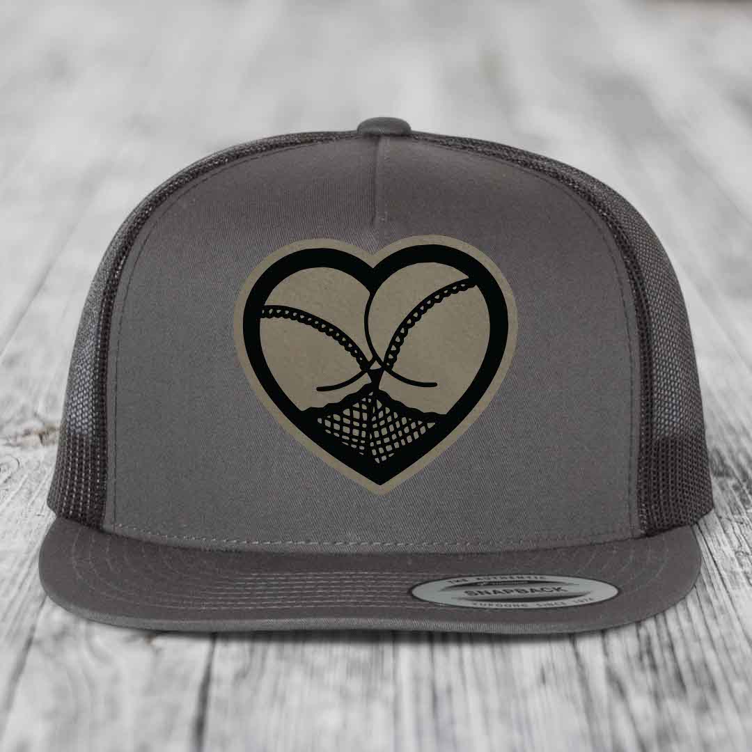 Heart Shaped Ass (Stockings) - Leather Patch Hat - Light Brown to Black Patch - Yupoong 6006 Snapback Flatbill Hat