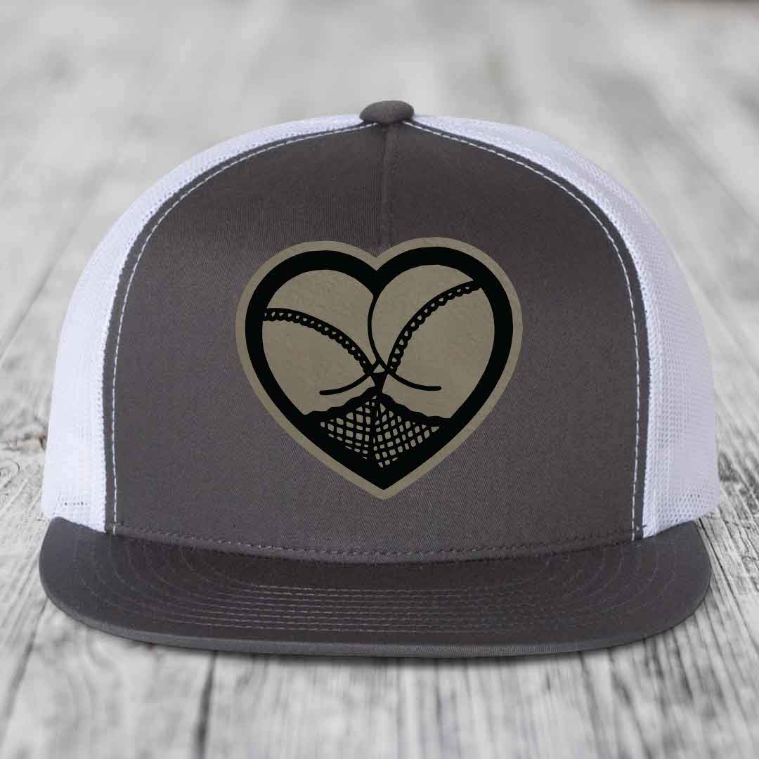 Heart Shaped Ass (Stockings) - Leather Patch Hat - Light Brown to Black Patch - Yupoong 6006 Snapback Flatbill Hat
