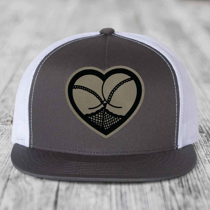 Heart Shaped Ass (Stockings) - Leather Patch Hat - Light Brown to Black Patch - Yupoong 6006 Snapback Flatbill Hat