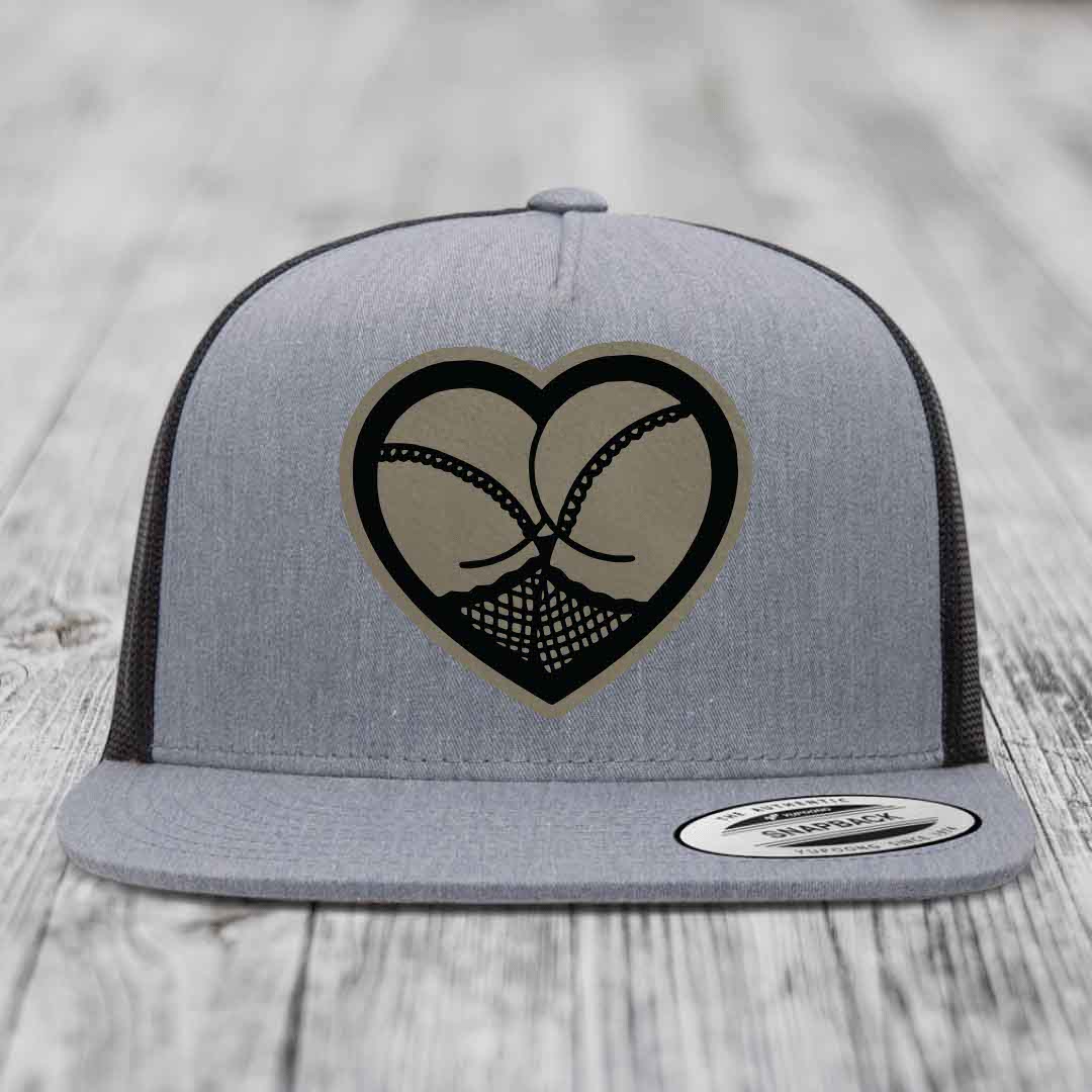 Heart Shaped Ass (Stockings) - Leather Patch Hat - Light Brown to Black Patch - Yupoong 6006 Snapback Flatbill Hat