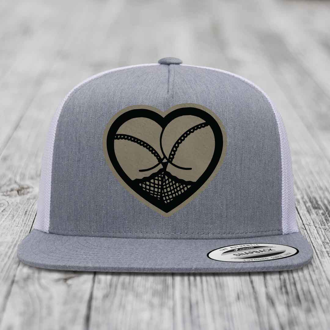 Heart Shaped Ass (Stockings) - Leather Patch Hat - Light Brown to Black Patch - Yupoong 6006 Snapback Flatbill Hat