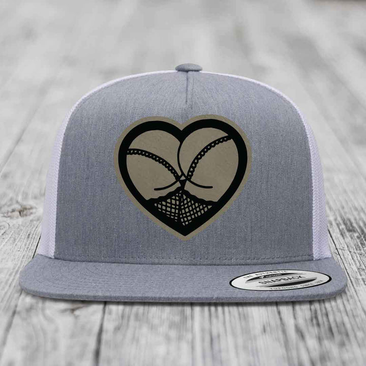 Heart Shaped Ass (Stockings) - Leather Patch Hat - Light Brown to Black Patch - Yupoong 6006 Snapback Flatbill Hat