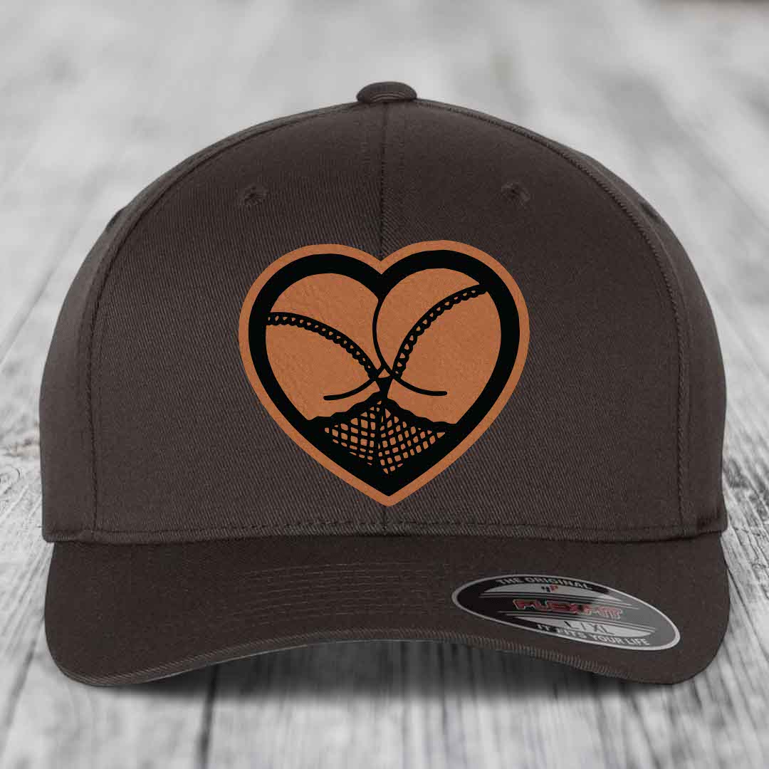 Heart Shaped Ass (Stockings) - Leather Patch Hat - Rawhide to Black Patch - Flexfit 6277 Fitted Hat