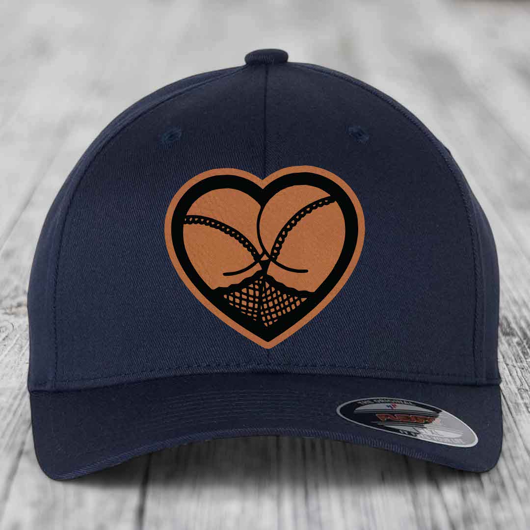 Heart Shaped Ass (Stockings) - Leather Patch Hat - Rawhide to Black Patch - Flexfit 6277 Fitted Hat