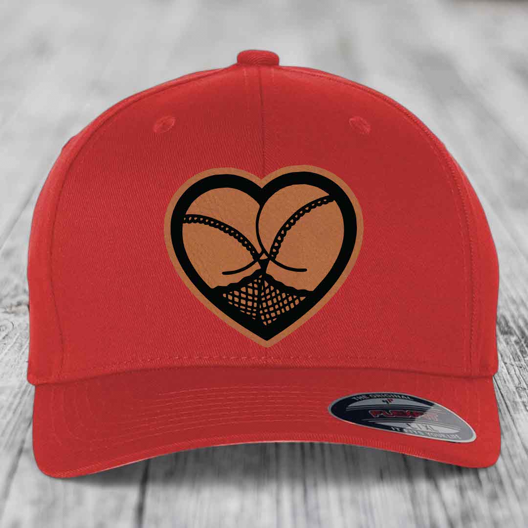 Heart Shaped Ass (Stockings) - Leather Patch Hat - Rawhide to Black Patch - Flexfit 6277 Fitted Hat