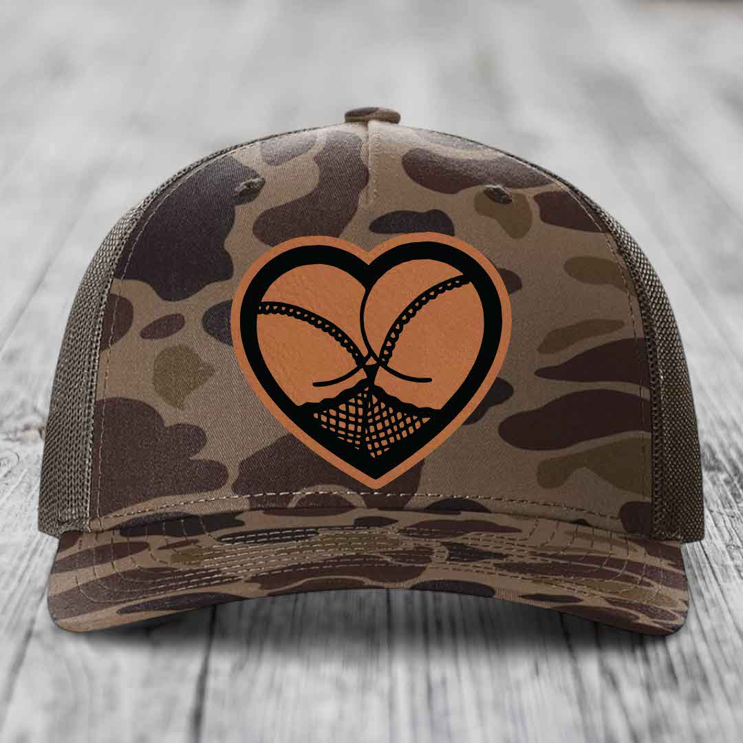 Heart Shaped Ass (Stockings) - Leather Patch Hat - Rawhide to Black Patch - Richardson 112PFP Snapback Trucker Hat