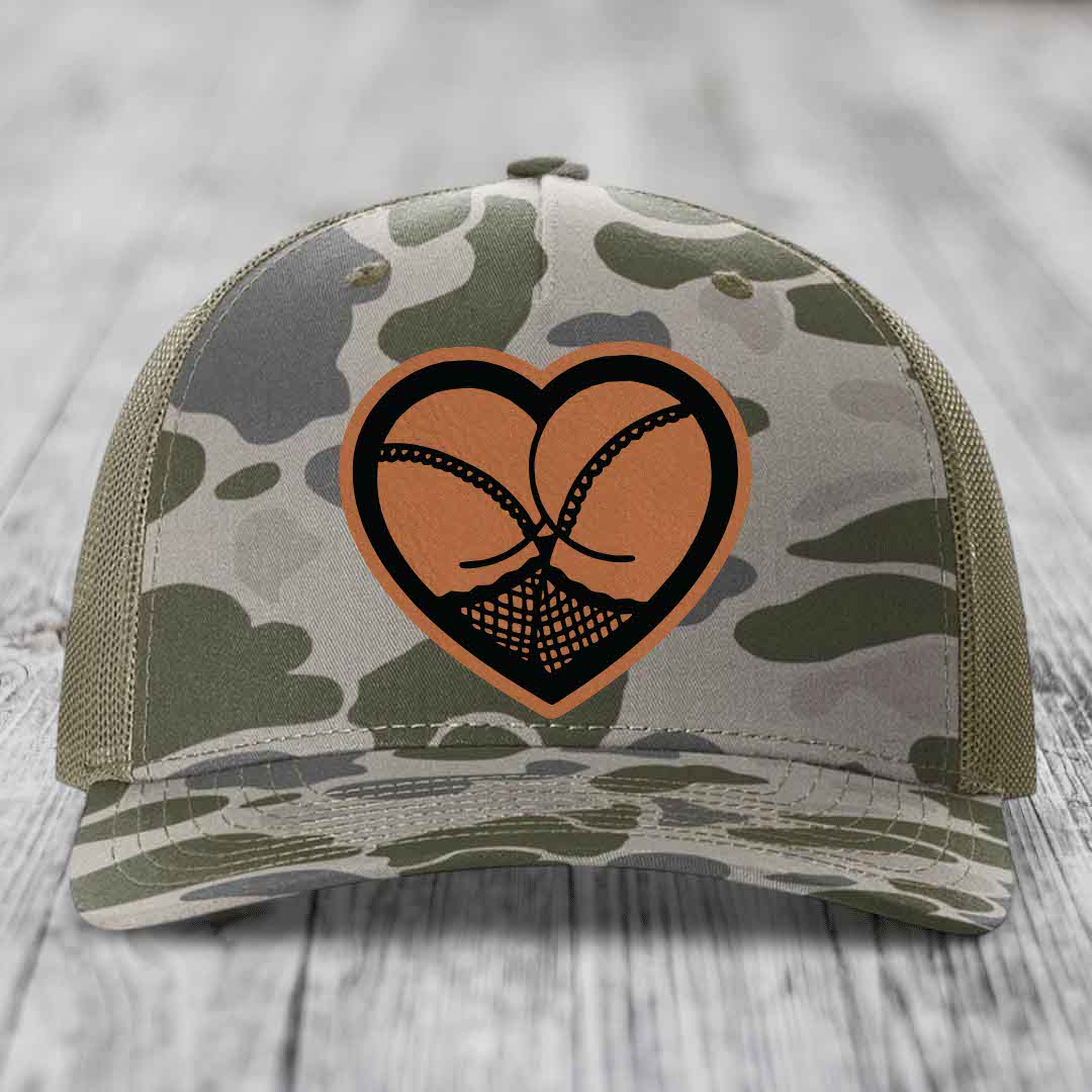 Heart Shaped Ass (Stockings) - Leather Patch Hat - Rawhide to Black Patch - Richardson 112PFP Snapback Trucker Hat