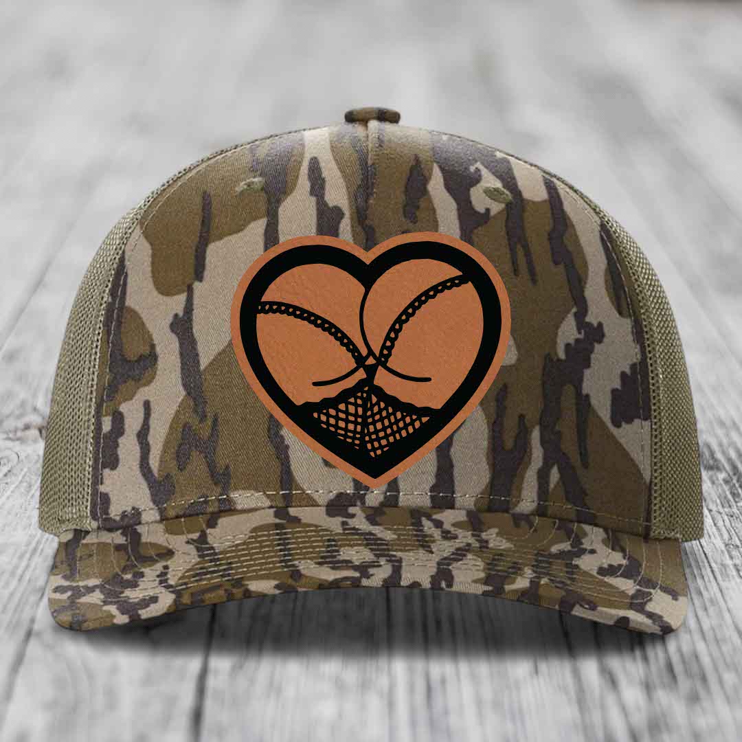 Heart Shaped Ass (Stockings) - Leather Patch Hat - Rawhide to Black Patch - Richardson 112PFP Snapback Trucker Hat