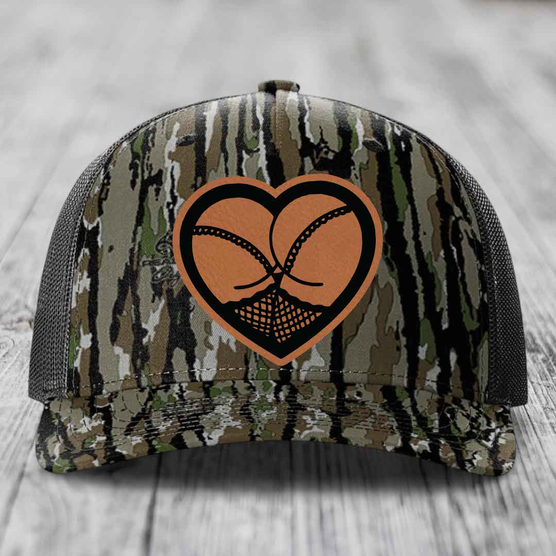 Heart Shaped Ass (Stockings) - Leather Patch Hat - Rawhide to Black Patch - Richardson 112PFP Snapback Trucker Hat
