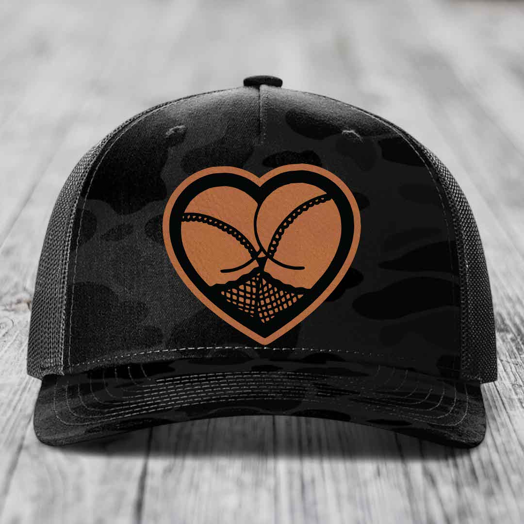 Heart Shaped Ass (Stockings) - Leather Patch Hat - Rawhide to Black Patch - Richardson 112PFP Snapback Trucker Hat