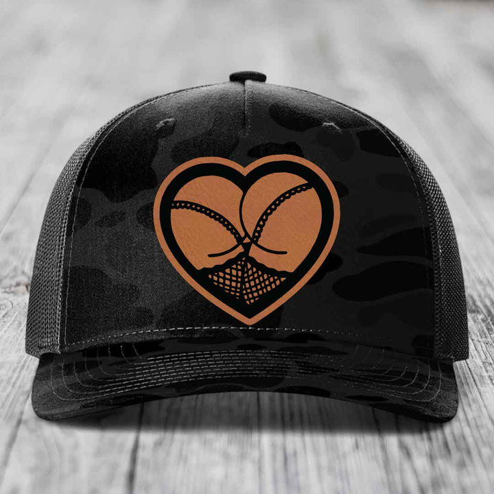 Heart Shaped Ass (Stockings) - Leather Patch Hat - Rawhide to Black Patch - Richardson 112PFP Snapback Trucker Hat