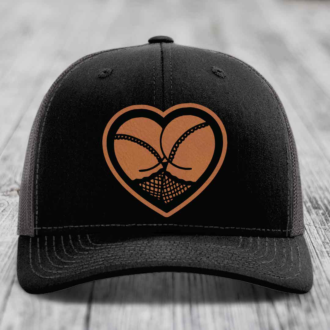 Heart Shaped Ass (Stockings) - Leather Patch Hat - Rawhide to Black Patch - Richardson 112 Snapback Trucker Hat