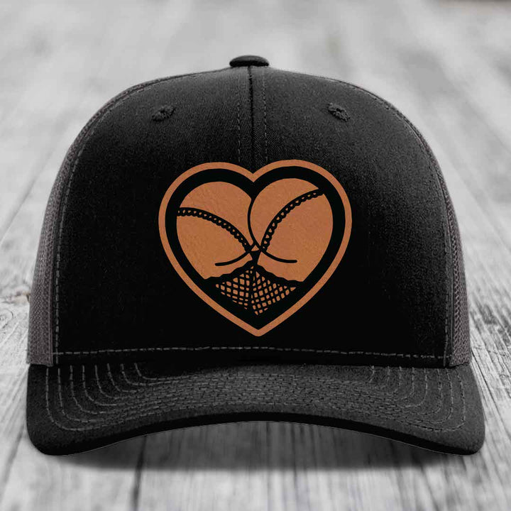 Heart Shaped Ass (Stockings) - Leather Patch Hat - Rawhide to Black Patch - Richardson 112 Snapback Trucker Hat