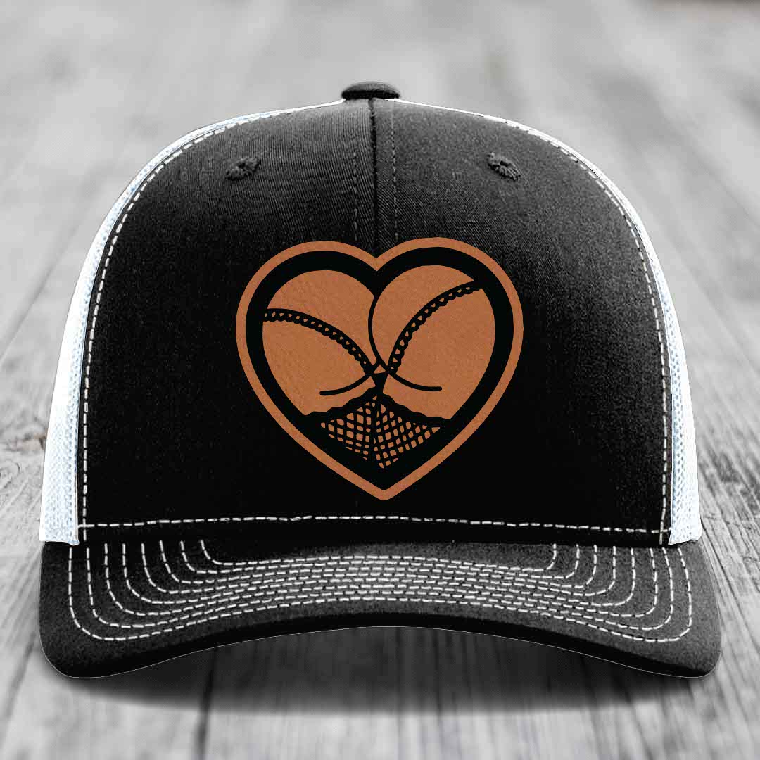 Heart Shaped Ass (Stockings) - Leather Patch Hat - Rawhide to Black Patch - Richardson 112 Snapback Trucker Hat