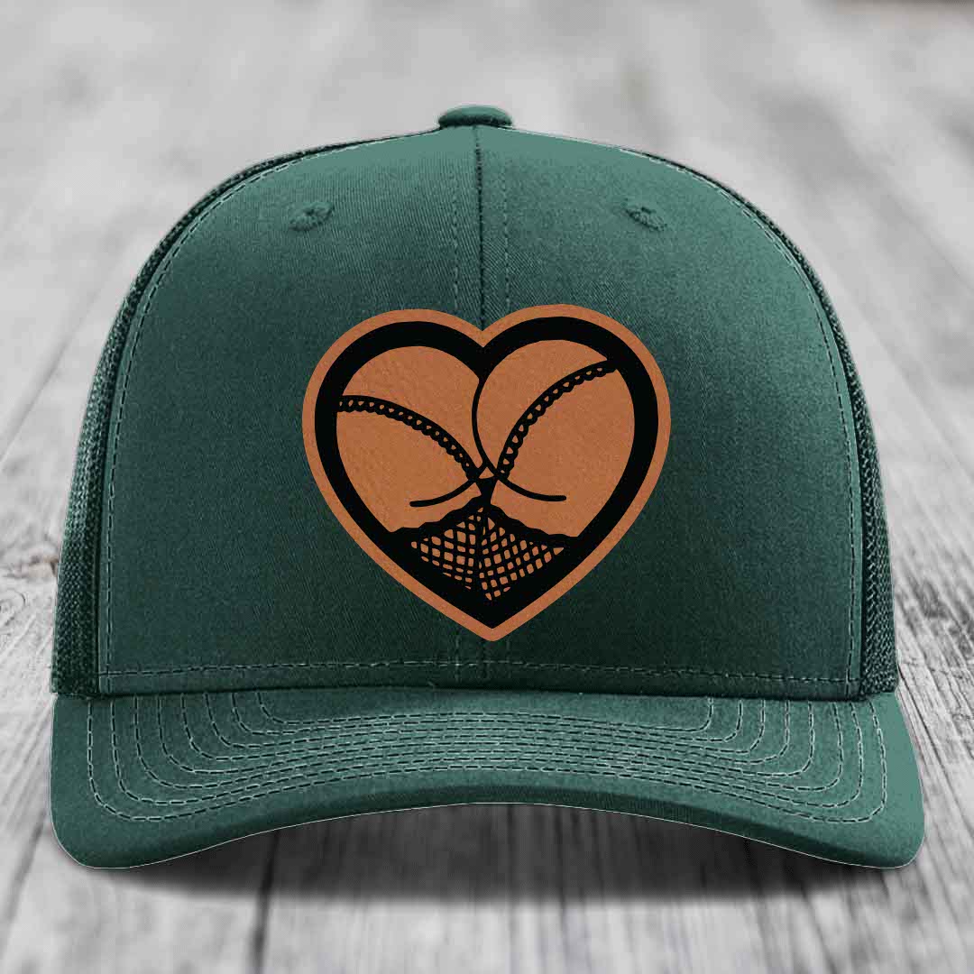 Heart Shaped Ass (Stockings) - Leather Patch Hat - Rawhide to Black Patch - Richardson 112 Snapback Trucker Hat