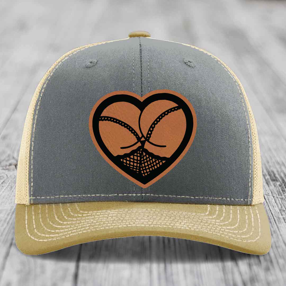 Heart Shaped Ass (Stockings) - Leather Patch Hat - Rawhide to Black Patch - Richardson 112 Snapback Trucker Hat