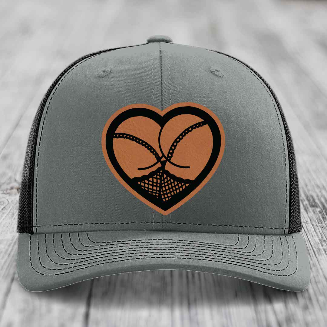 Heart Shaped Ass (Stockings) - Leather Patch Hat - Rawhide to Black Patch - Richardson 112 Snapback Trucker Hat