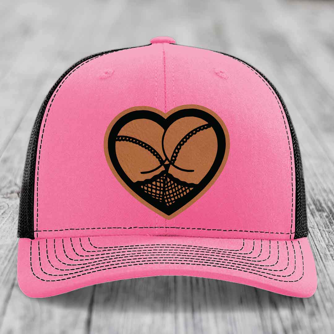 Heart Shaped Ass (Stockings) - Leather Patch Hat - Rawhide to Black Patch - Richardson 112 Snapback Trucker Hat