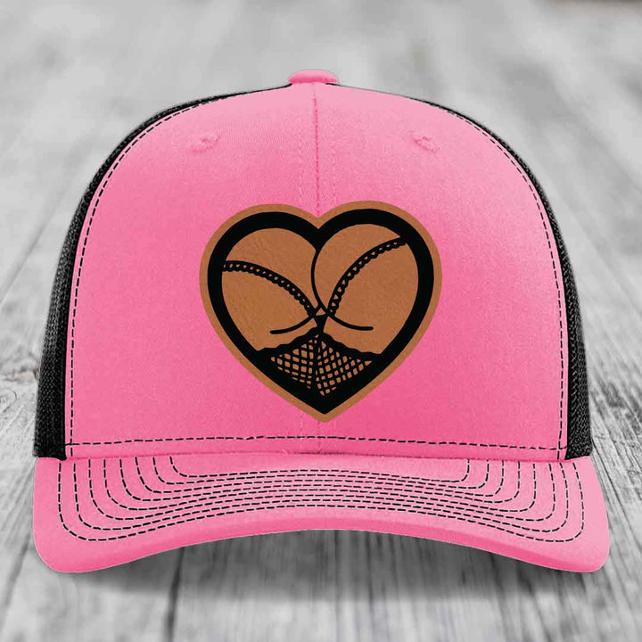 Heart Shaped Ass (Stockings) - Leather Patch Hat - Rawhide to Black Patch - Richardson 112 Snapback Trucker Hat