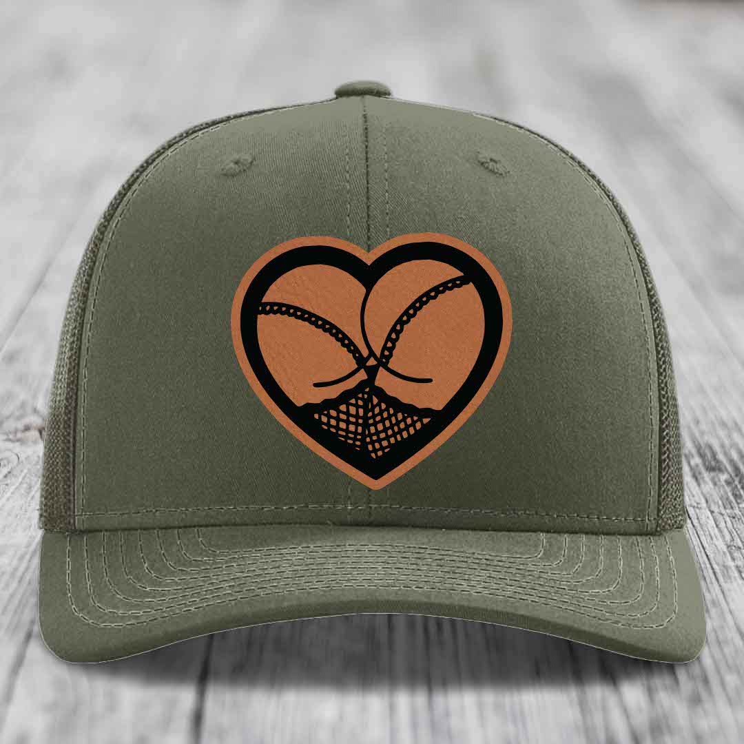 Heart Shaped Ass (Stockings) - Leather Patch Hat - Rawhide to Black Patch - Richardson 112 Snapback Trucker Hat