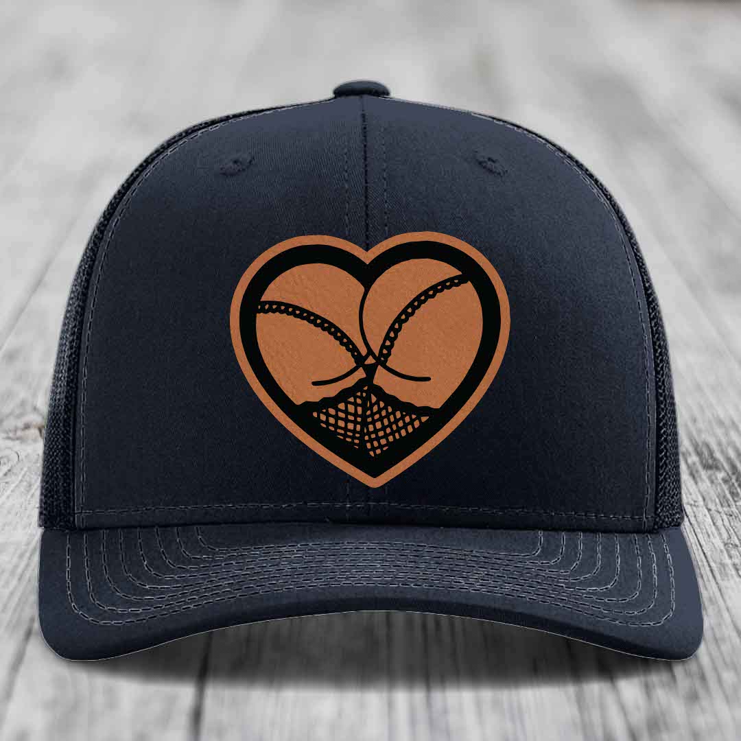 Heart Shaped Ass (Stockings) - Leather Patch Hat - Rawhide to Black Patch - Richardson 112 Snapback Trucker Hat