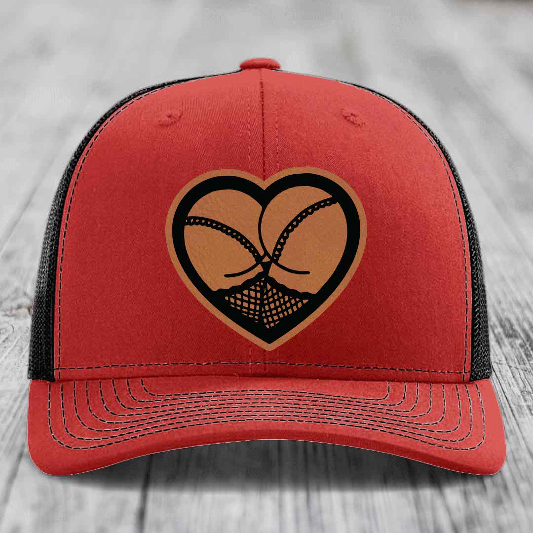 Heart Shaped Ass (Stockings) - Leather Patch Hat - Rawhide to Black Patch - Richardson 112 Snapback Trucker Hat