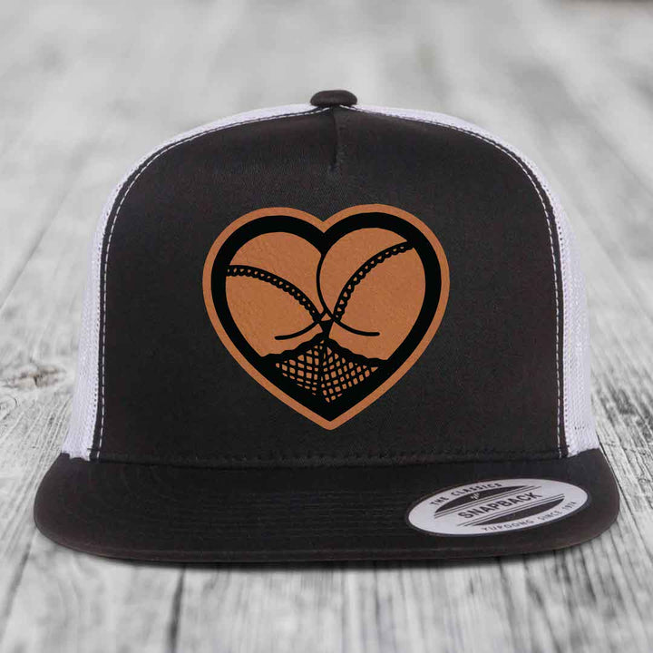 Heart Shaped Ass (Stockings) - Leather Patch Hat - Rawhide to Black Patch - Yupoong 6006 Snapback Flatbill Hat