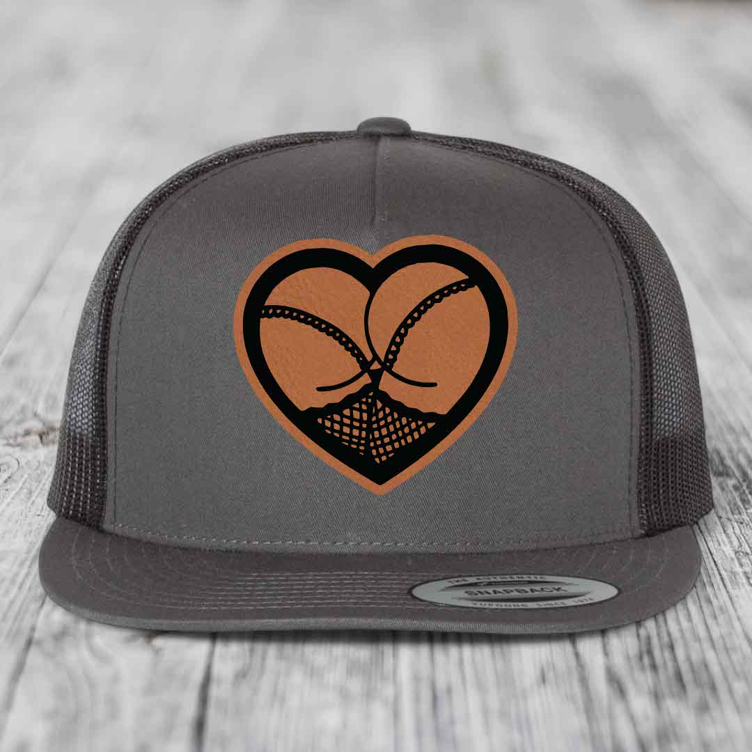 Heart Shaped Ass (Stockings) - Leather Patch Hat - Rawhide to Black Patch - Yupoong 6006 Snapback Flatbill Hat