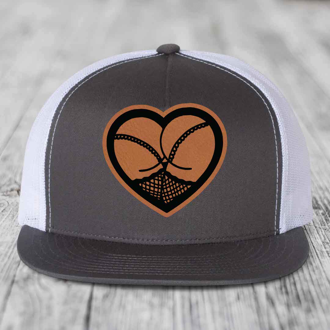 Heart Shaped Ass (Stockings) - Leather Patch Hat - Rawhide to Black Patch - Yupoong 6006 Snapback Flatbill Hat