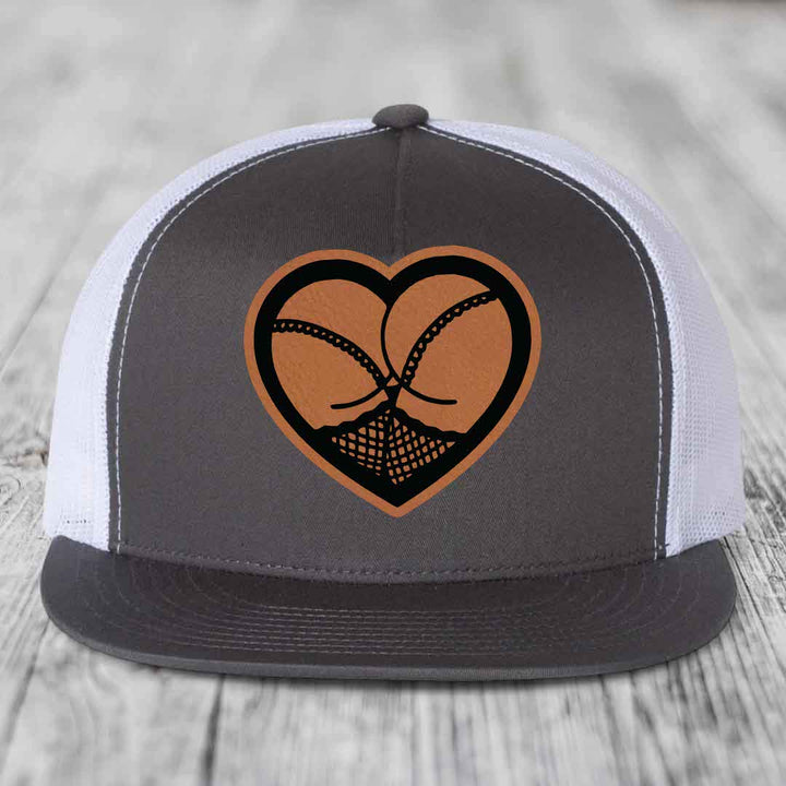 Heart Shaped Ass (Stockings) - Leather Patch Hat - Rawhide to Black Patch - Yupoong 6006 Snapback Flatbill Hat