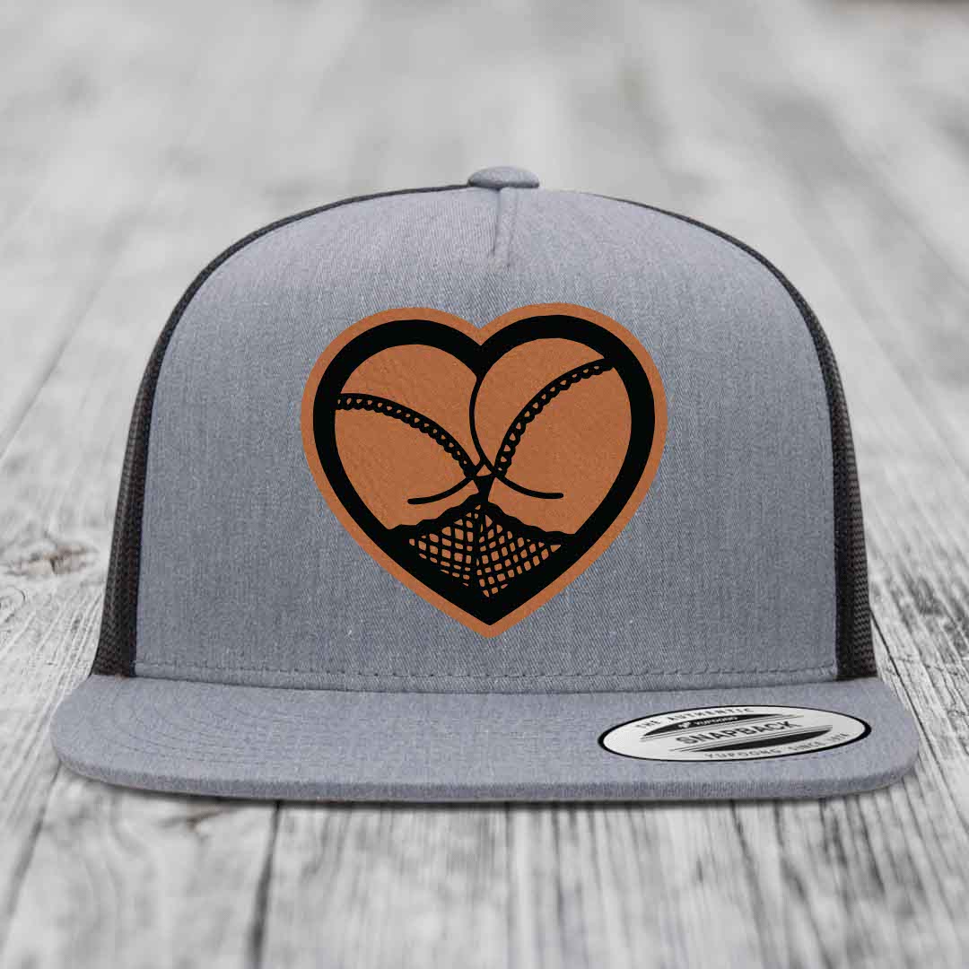 Heart Shaped Ass (Stockings) - Leather Patch Hat - Rawhide to Black Patch - Yupoong 6006 Snapback Flatbill Hat
