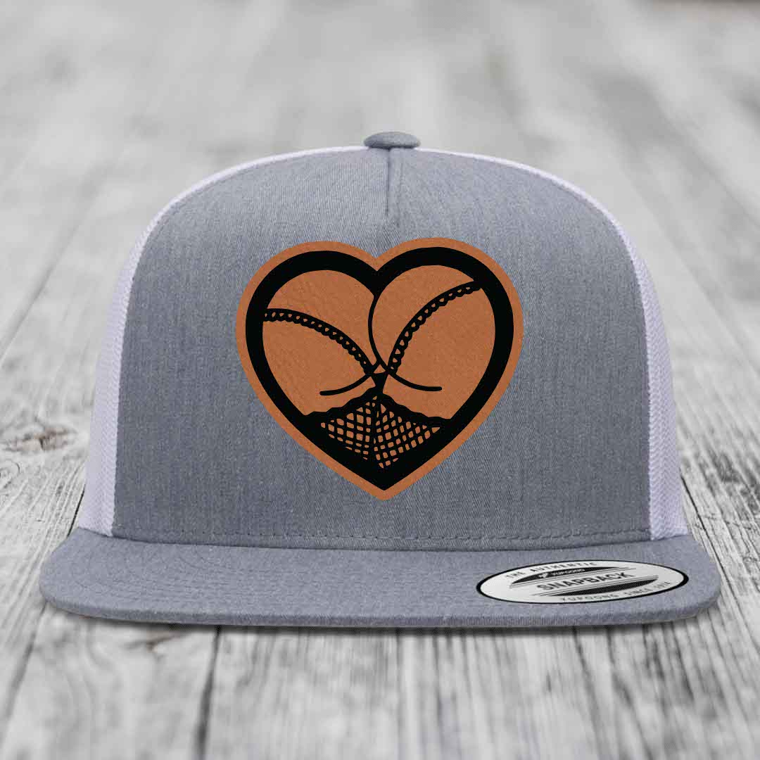 Heart Shaped Ass (Stockings) - Leather Patch Hat - Rawhide to Black Patch - Yupoong 6006 Snapback Flatbill Hat